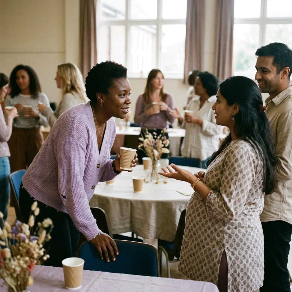 A doula in a lilac cardigan talks with a pregnant woman and her partner at a busy community mixer