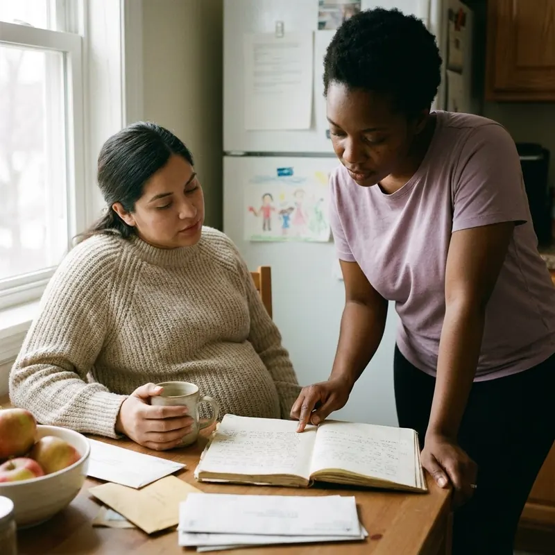 A doula points to a handwritten birth plan as a pregnant woman listens at her kitchen table