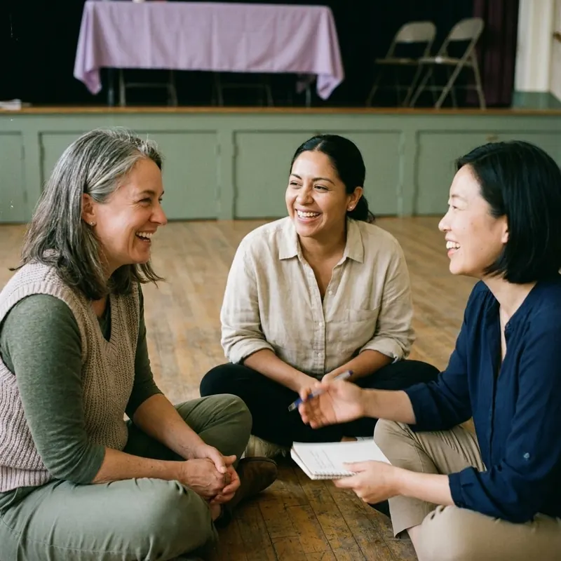A midwife, a doula and an OB-GYN sit together on a hall floor, laughing and swapping contact details
