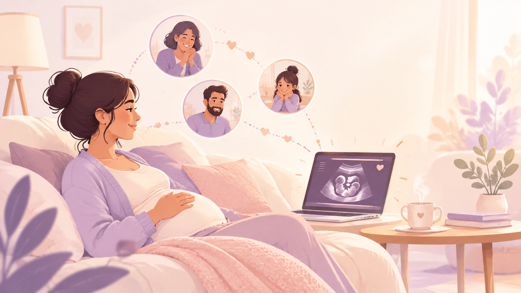 Expectant mother resting at home with a softly glowing ultrasound screen and connected loved ones nearby
