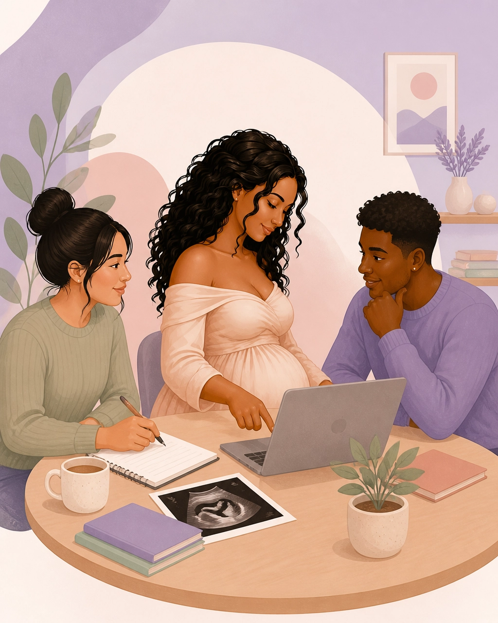 An experienced maternal wellness professional mentoring young adults around a table