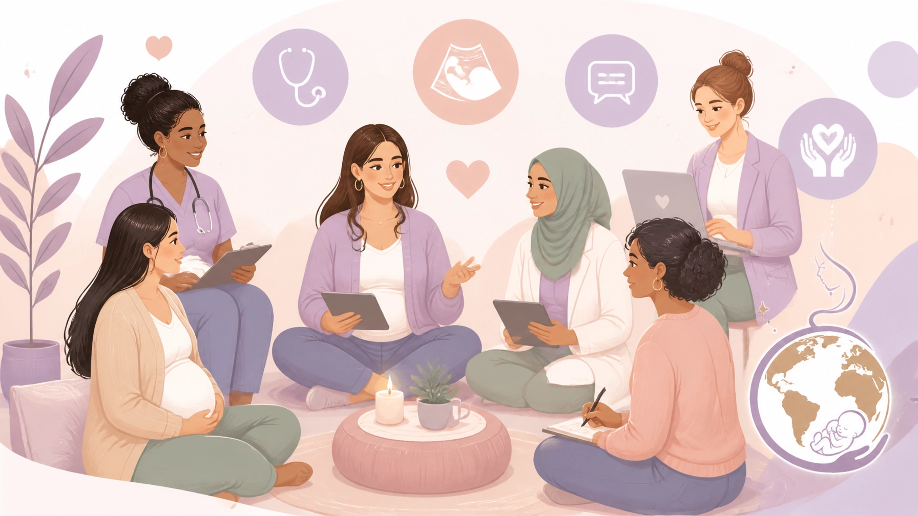 Diverse maternal wellness professionals and young adults gathered in a welcoming learning circle
